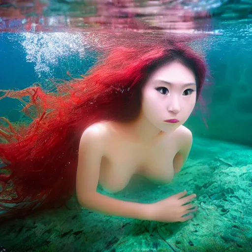 Prompt: beautiful japanese biomecanic mermaid in emotional movement, underwater photography and light scattering, water refractions turned out impressive imho,