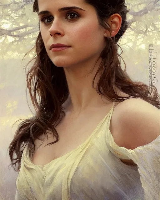 Prompt: a portrait painting of kate mara / naomi scott / sabrina lloyd hybrid oil painting, gentle expression, smiling, elegant clothing, scenic background, extremely detailed and lifelike, artgerm, greg rutkowski, alphonse mucha, vladimir volegov, adolphe bouguereaum, greg hildebrandt