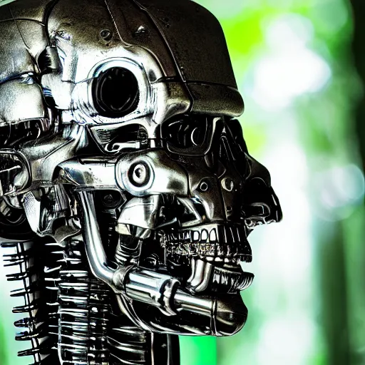 Image similar to super detailed portrait of a terminator's head, packed with cybernetics and and borg enhancements. In a forest with bokeh.