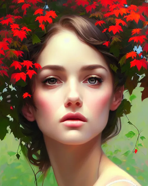 Image similar to stylized portrait of an artistic pose, composition, young lady sorrounded by nature, ivy's, flowers, realistic shaded, fine details, realistic shaded lighting poster by ilya kuvshinov, magali villeneuve, artgerm, jeremy lipkin and michael garmash and rob rey