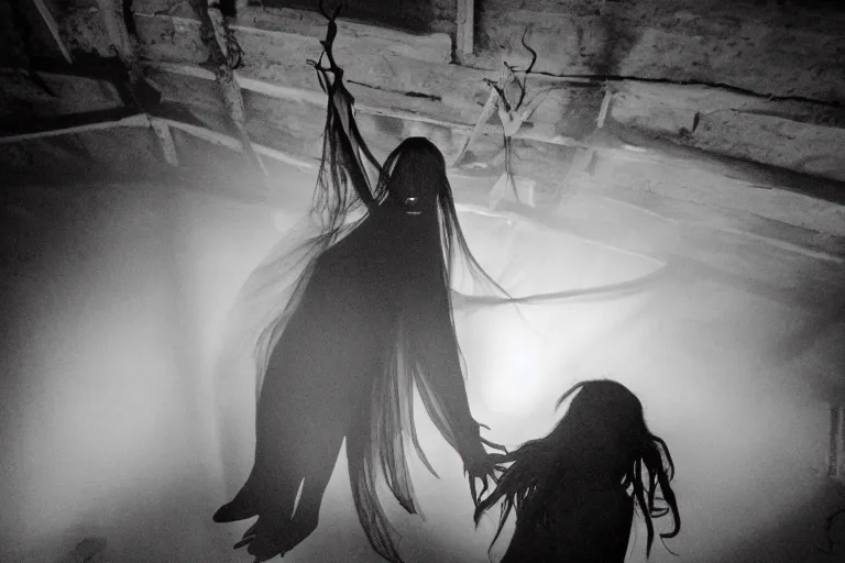 Image similar to levitating goth woman in the attic, demonic magic ritual by Emmanuel Lubezki