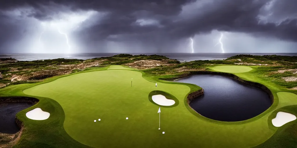 Prompt: a great photograph of the most amazing golf hole in the world, surrounded by water, giant ship wreck, lightning storm, ambient light, golf digest, top 1 0 0, fog