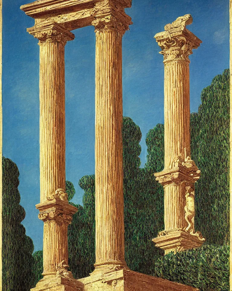 Prompt: achingly beautiful painting of intricate ancient roman corinthian capital on multicolored background by rene magritte, monet, and turner. giovanni battista piranesi.