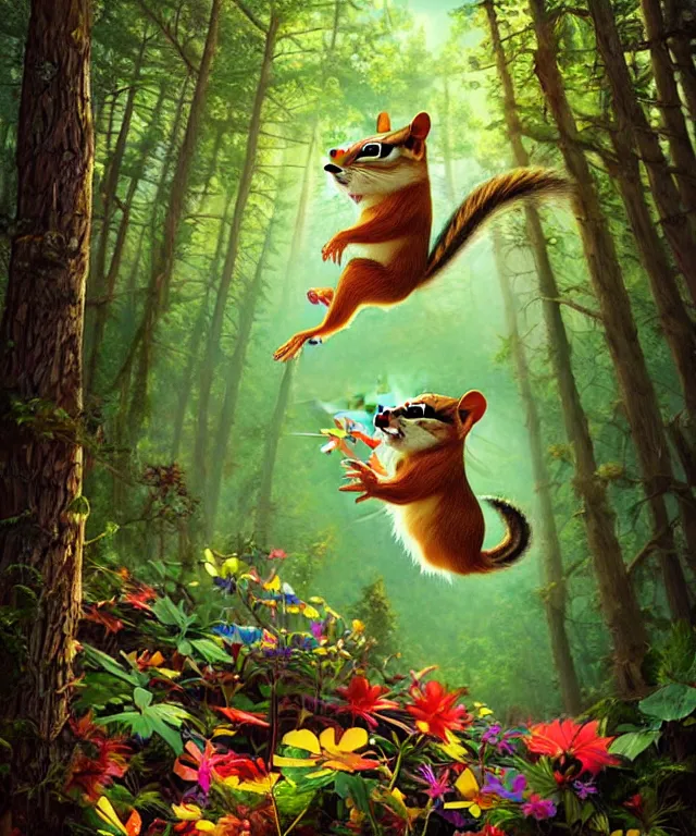 Image similar to a single realistic chipmunk, flying in a psychedelic forest, wide angle landscape shot, pixar style by tristan eaton, artgerm and tom bagshaw