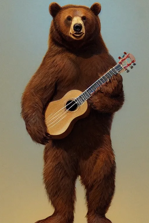 Image similar to realistic bear playing triangular body of ukulele, realistic portrait, symmetrical, highly detailed, digital painting, artstation, concept art, smooth, sharp focus, illustration, cinematic lighting, art by artgerm and greg rutkowski and alphonse mucha