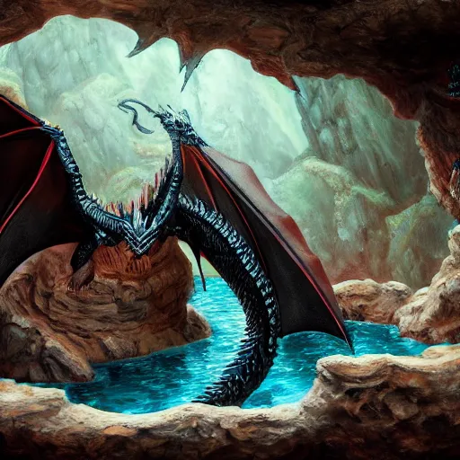 Image similar to ! dream a black dragon sitting, highly detailed oil painting of a hotspring in cave, featured on artstation