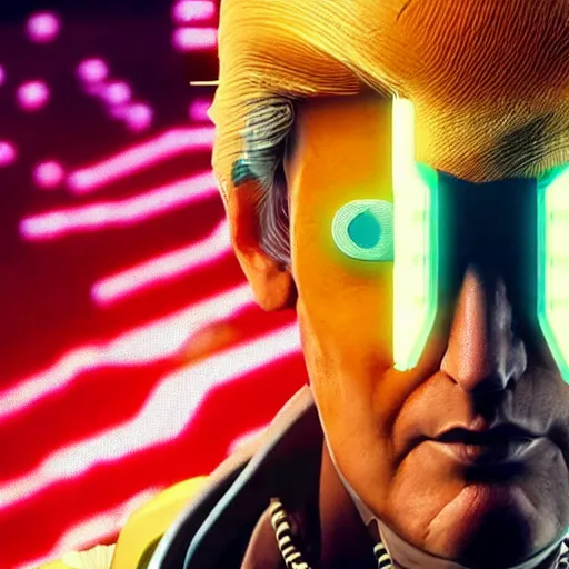 Prompt: donald trump as an evil cyborg in cyberpunk 2 0 7 7 and is the head of an evil corporation, technological, movie footage, high - tech, still frame