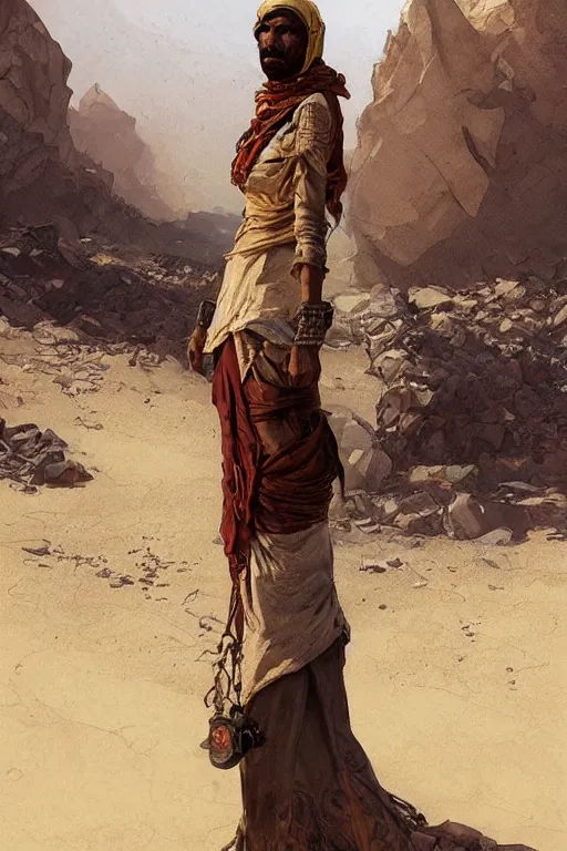 Image similar to a full body portrait of a beautiful post apocalyptic offworld desert bedouin blind beggar by the well, intricate, elegant, highly detailed, digital painting, artstation, concept art, smooth, sharp focus, illustration, art by krenz cushart and artem demura and alphonse mucha