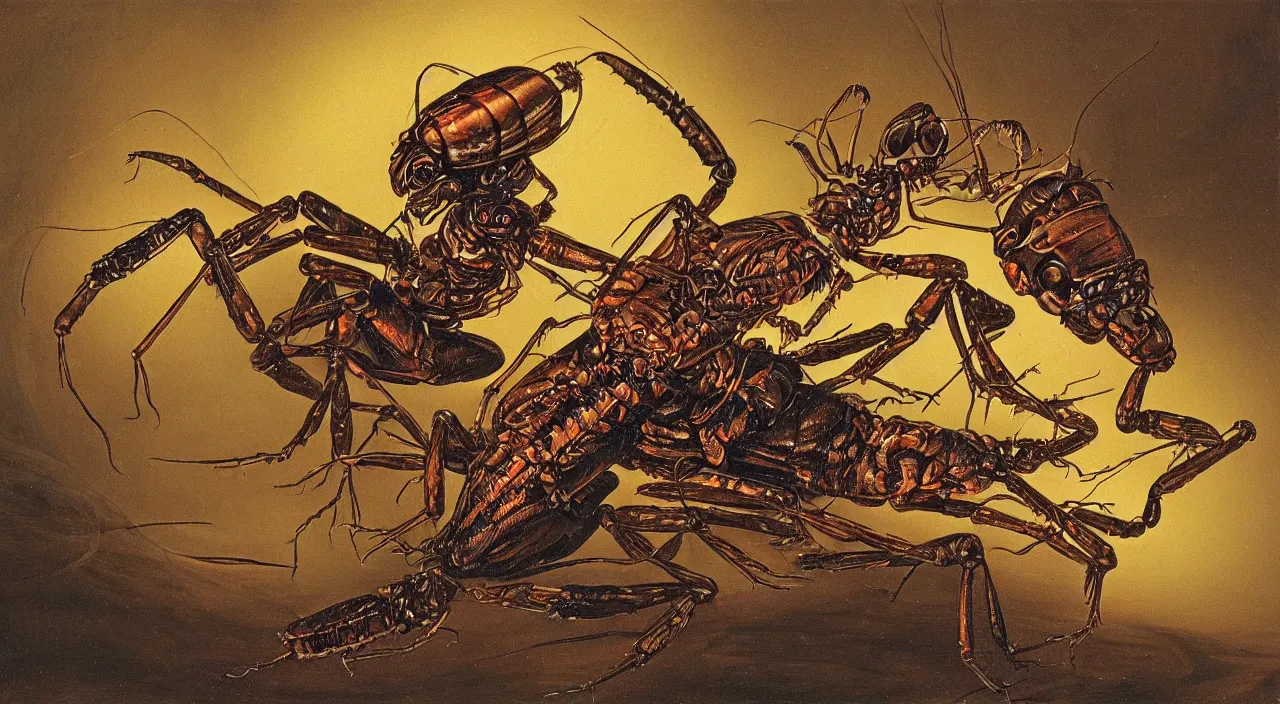 Prompt: a enormous biomechanical firefly, attacking a 7 monkeys that are riding giant ants, by most renowned artist of the romanticism, hiperrealism,