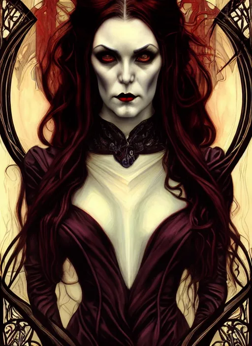 Image similar to an art nouveau, evil vampire portrait in the style of charlie bowater, and in the style of donato giancola, and in the style of charles dulac. very large, clear, expressive, intelligent eyes. symmetrical, centered, ultrasharp focus, dramatic lighting, photorealistic digital painting, intricate ultra detailed background.