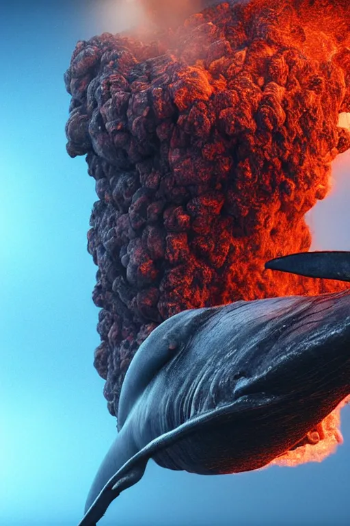 Image similar to a octane render of volcano and a tiny whale inside a boel, close - up studio photo, lighting path traced, highly detailed, high quality, hyper - realistic, max accurate,