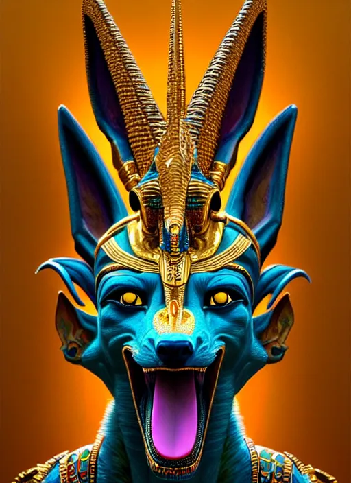 Image similar to enraged god anubis, snarling jackal with egyptian pharaoh headdress, ornate art nouveau botanicals, cyan and gold palette, fantasy, intricate, elegant, highly detailed, colorful, vivid color, digital painting, artstation, concept art, art by artgerm and greg rutkowski and ruan jia,