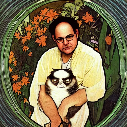 Prompt: “ portrait of george costanza from seinfeld holding grumpy cat, by alphonse mucha ”