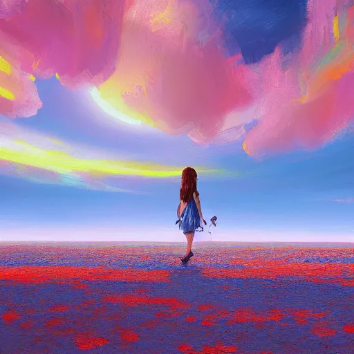 Image similar to giant daisy flower head, girl walking on salt flats mountains, surreal photography, sunrise, dramatic light, impressionist painting, colorful clouds, digital painting, artstation, simon stalenhag