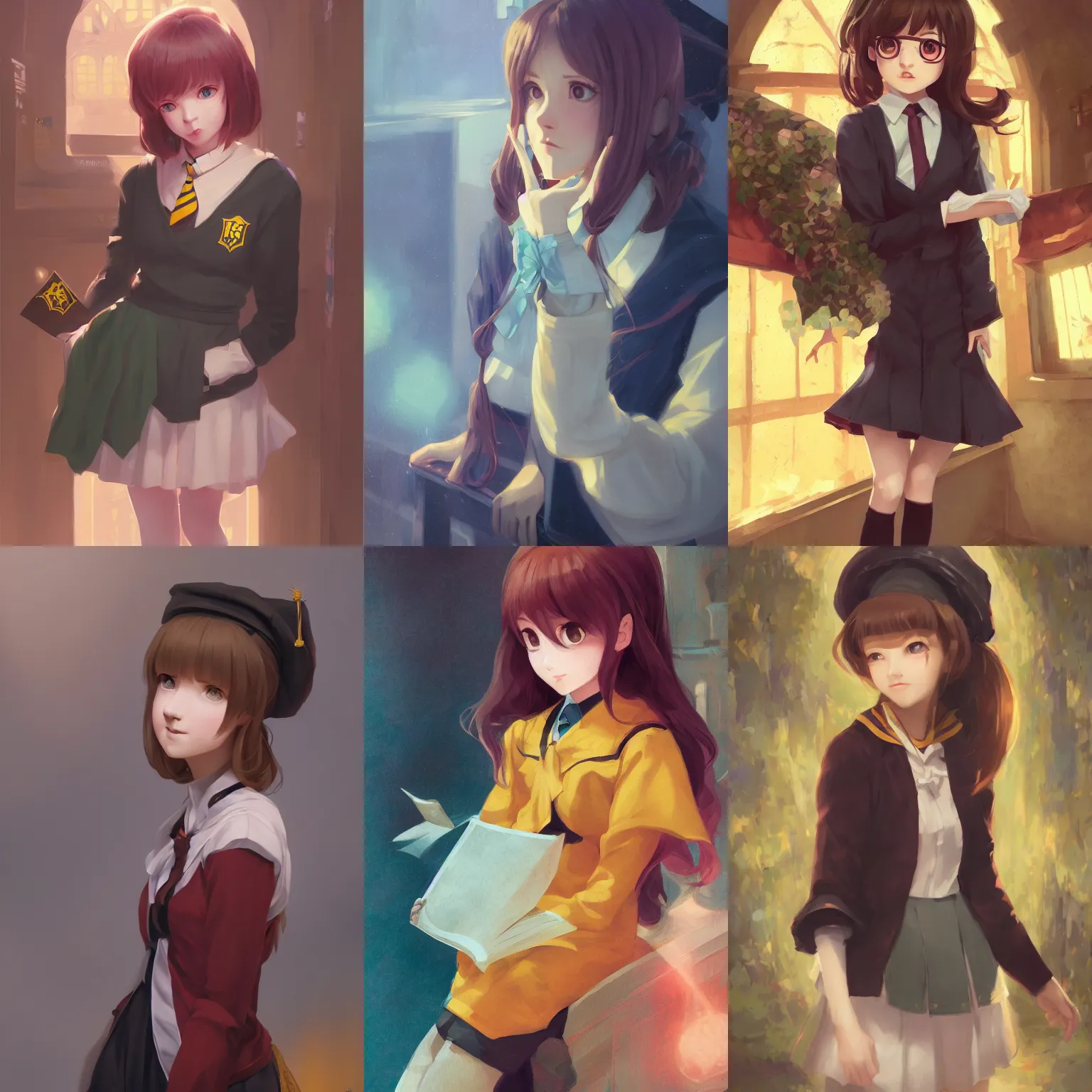 Prompt: a portrait of a cute young female hufflepuff student, hogwarts setting, vivid colors, soft lighting, atmospheric, cinematic, moody, in the style of ilya kuvshinov and range murata, krenz cushart, rule of thirds, oil on canvas, 8 k