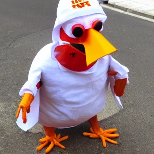 Image similar to chicken dressed as an inmate