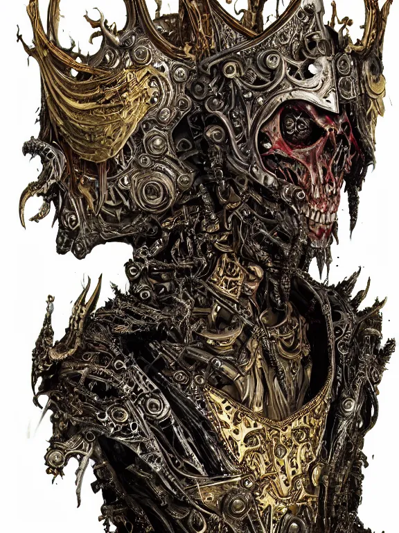 Image similar to portrait art of 8k ultra realistic undead eldritch horror corrupted vampire king, ornate gold crown , detailed intricate ornate armour,decaying, cybernetic, full of colour, cinematic lighting, battered, trending on artstation, 4k, hyperrealistic, focused, extreme details,unreal engine 5, cinematic, masterpiece, art by ayami kojima, giger