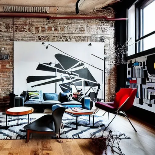 Image similar to trendy loft with modern murals on the wall, modern art and patterns, interior design, lovely architecture