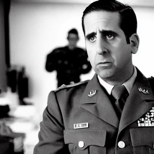 Prompt: cinematic film photo of Michael Scott in military uniform