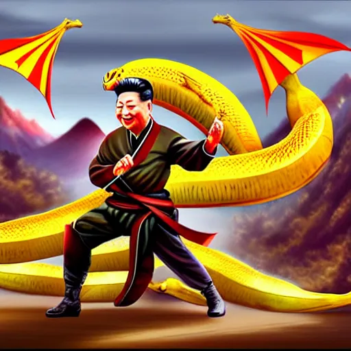 Image similar to Chinese president, battle, bananas weapon, dragon, mountains background, fighting stance, painting