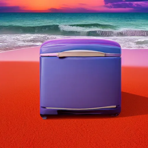 Image similar to purple refrigerator on red sand beach, green ocean and nebula sunset