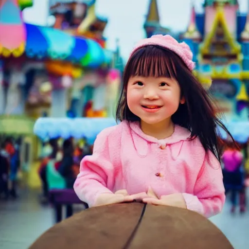 Prompt: a ultra high resolution close - up of cute joyful girl in the theme park, photo from the front. she is smiling and has eye contact with the camera. face is clear and symetrical. the light is dim, and the colours are muted. kodak etkar 1 0 0. art by sosuke morimoto and yuqi wang