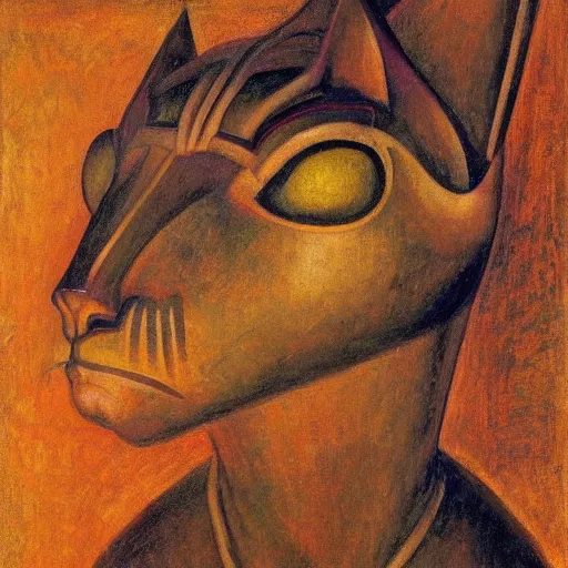 Image similar to masterpiece painting of an ancient polychrome sculpture of a mechanical cat head, by annie swynnerton and diego rivera and nicholas roerich and jean delville, symbolist, dramatic lighting, god rays, elaborate geometric ornament, art brut, rich colors, smooth sharp focus, extremely detailed, adolf wolfli