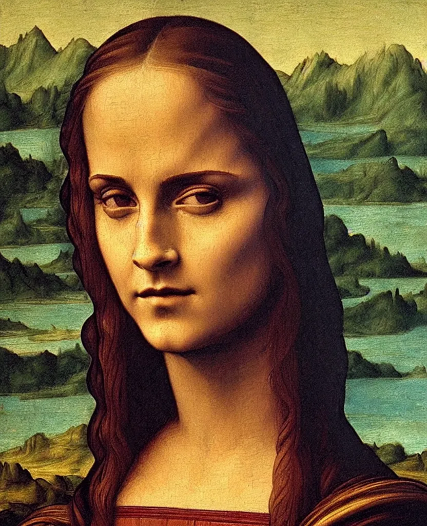 Image similar to emma watson oil painting by leonardo da vinci in style of mona lisa, close up portrait