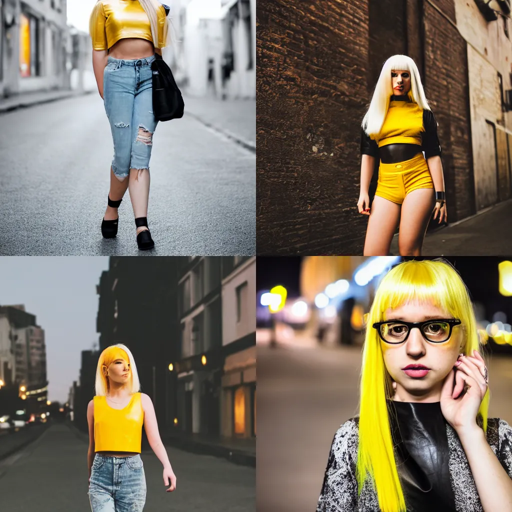 Prompt: 5 5 mm portrait photo of a girl with yellow hair wearing a leather crop top walking on a night street, 4 k photo, dslr, canon m 5 0