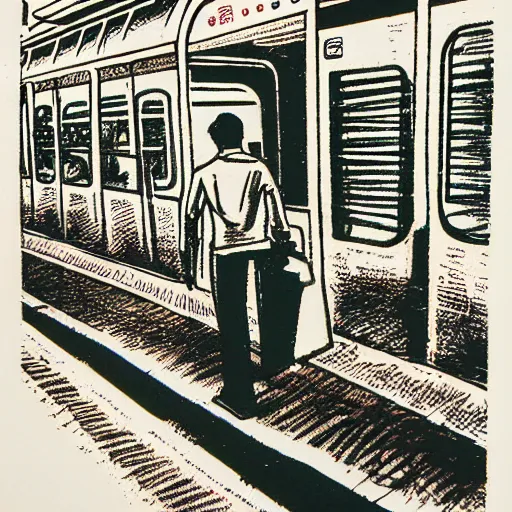 Image similar to a risograph print of a man walking into a New York City subway station