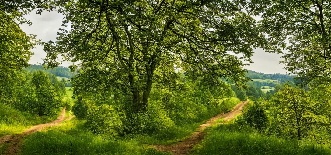 Image similar to The landscape of a green hilly forest somewhere in Germany, a country road is visible, through which a deer runs, ultra detailed