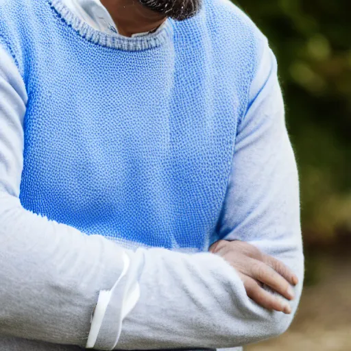 Image similar to man wearing a blue sweater and a white sash