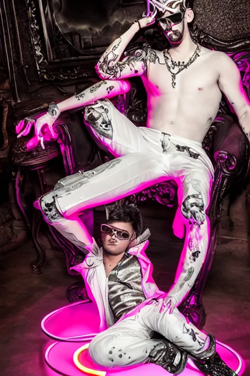 Image similar to full-body rococo and cyberpunk style neon statue of a young attractive Jose Garcia wearing cholo shades macho dotado e rico android sim roupa reclining con las piernas abertas e la piroca dura, ethereal white dripping tar, glowing white lasers, pink tigers, glowing eyes, silver prince crown, black gears, pink diamonds, swirling mint-colored silk fabric. futuristic elements. full-length view. human skulls. large intricate artwork by caravaggio. Trending on artstation, octane render, cinematic lighting from the right, hyper realism, octane render, 8k, depth of field, 3D