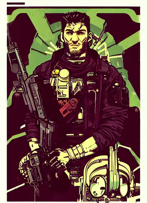 Image similar to hector. cyberpunk mercenary. portrait illustration, pop art, splash painting, art by ashley wood, alphonse mucha, laurie greasley and josan gonzales