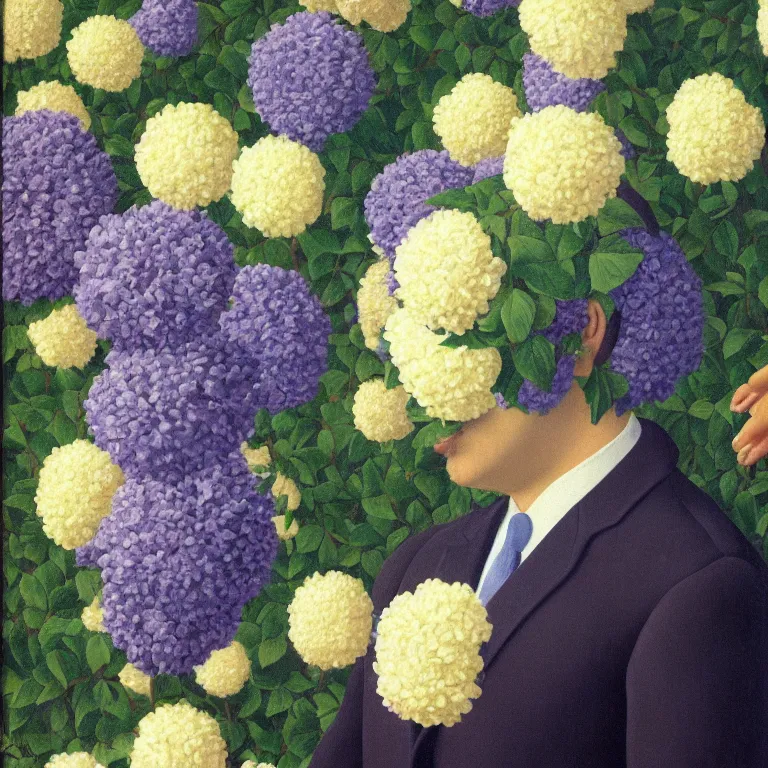 Image similar to portrait of a man, face hidden by beautiful flowers, by rene magritte, detailed painting, hd, hq, high resolution, high detail, 4 k, 8 k