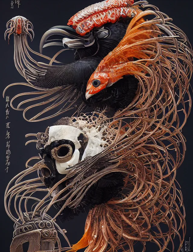 Image similar to prometheus engineer close - up profile portrait with ram skull. beautiful intricately detailed japanese crow kitsune mask and clasical japanese kimono. betta fish, jellyfish phoenix, bio luminescent, plasma, ice, water, wind, creature, artwork by tooth wu and wlop and beeple and greg rutkowski
