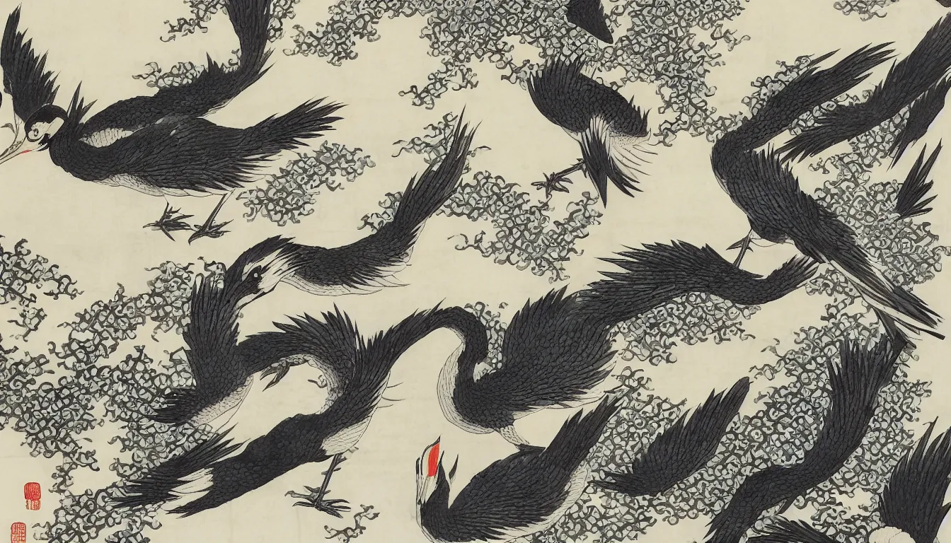 Image similar to traditional chinese ink of japanese crane by hokusai, ultra detailed