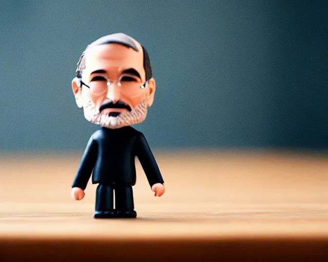 Image similar to steve jobs action figure sad bokeh on wooden table