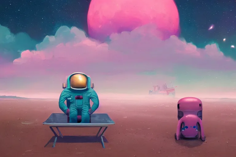 Image similar to astronaut sitting at the beach next to his spaceship on a pink, blue, purple alien planet watching an planet, surreal photography, dark night, stars, planets, moon light, alien vegetation, impressionist painting, clouds, digital painting, artstation, simon stalenhag