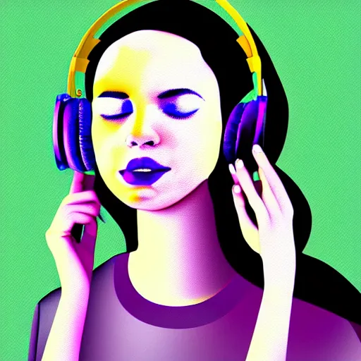 Prompt: a woman with headphones on, digital painting masterpiece, by rockin jellybean