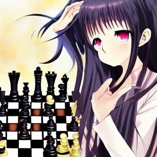 Image similar to anime art of long black hair anime girl pondering next to a chess set, official art