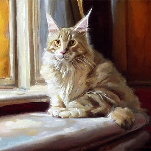 Prompt: cream color maine coon cat curled up, bay window sofa, by Antoine Blanchard