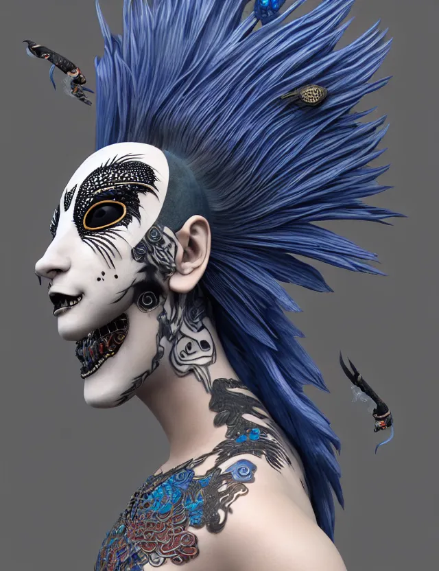 Image similar to 3 d goddess close - up profile portrait punk with mohawk with ram skull. beautiful intricately detailed japanese crow kitsune mask and clasical japanese kimono. betta fish, jellyfish phoenix, bio luminescent, plasma, ice, water, wind, creature, artwork by tooth wu and wlop and beeple and greg rutkowski