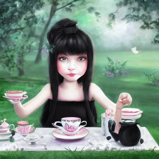 Prompt: A pale skin, long black hair, grey eyes girl wearing a black dress, having a tea party in a garden, 4k, digital art, trend in art station