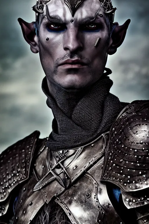 Image similar to head and shoulders portrait of an eldritch knight, drow, dark elf, shadar kai, male, breastplate, magical, high fantasy, d & d, by annie liebovitz, face details, extremely detailed, vogue fashion photo