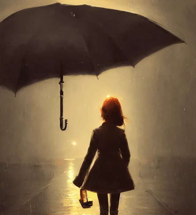 Image similar to lamp that is an umbrella, very detailed texture, rainy, nostalgic, realistic shaded lighting, art style by ilya kuvshinov, katsuhiro, artgerm, jeremy lipkin, michael garmash, nixeu, unreal engine 5, radiant light, intricate environment