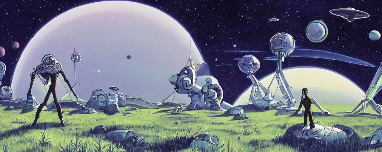 Image similar to a man on field spaceship station landing laying outer worlds in FANTASTIC PLANET La planète sauvage animation by René Laloux