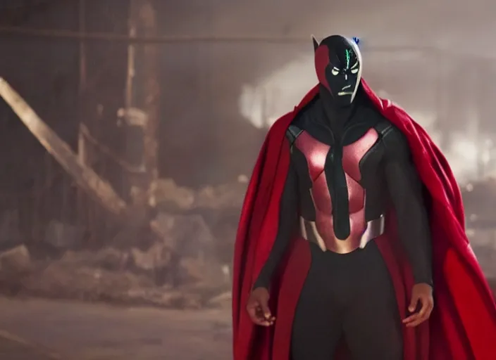 Image similar to film still of michael b jordan as spawn in the new spawn movie, giant chains, large cape, 8 k