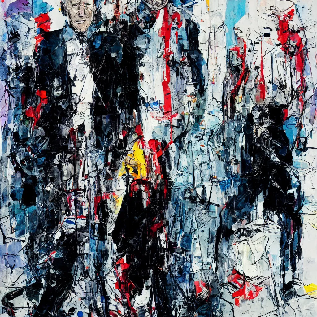 Image similar to Joe Biden full body portrait, Techwear, Cyberpunk, painting by Ralph Steadman, Francis Bacon, Hunter S Thompson