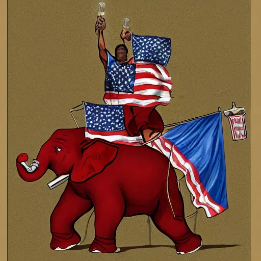 Image similar to Clarence Thomas and Samuel Alito riding a red elephant holding an American flag with its trunk while trampling the grave of Ruth Bader Ginsburg